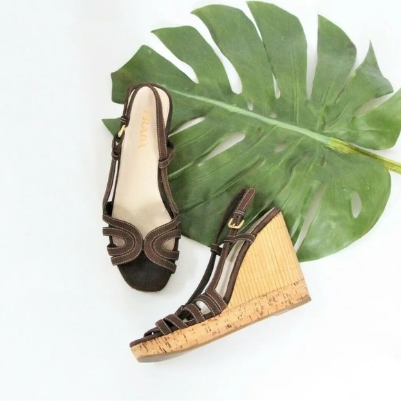 Prada Bamboo Cork Wedge Platform Sandals - Picture 1 of 9